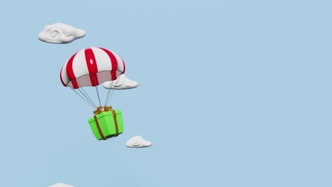 带有绿色礼品盒的降落伞漂浮在云和天空中，孤立在蓝色背景上。3d动画