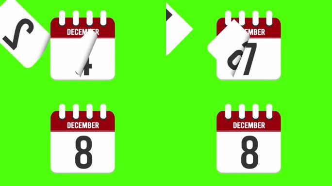 12月8日。日历出现，页面下降到12月8日。绿色背景，色度键 (4k循环)