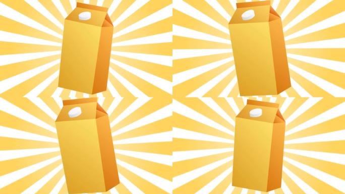 黄色纸盒包装的果汁或牛奶在黄色抽象太阳光线的背景下。视频4k，运动设计