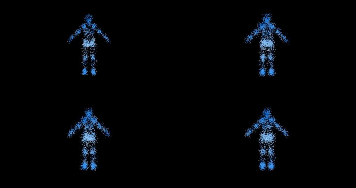metaverse蓝色人类的形象，抽象技术背景由动画线条和点，粒子制成。混合模式4K，FUI元素。抽