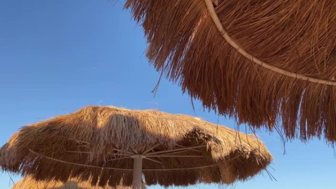 背景为蓝色晴空的沙滩草伞细节。完美的暑假目的地。蓝色背景的稻草遮阳帘和日光浴床