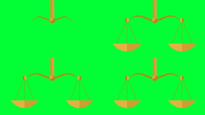 绿色屏幕上的天平测量。机械平衡秤象征法律与正义，惩罚与真理，测量装置不等秤。