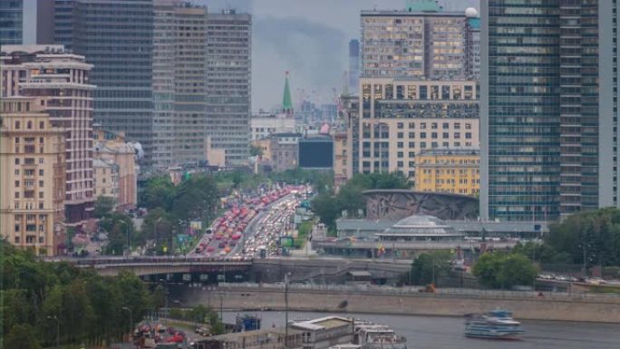 暮光之城莫斯科市交通河畔新阿尔巴特街屋顶全景4k俄罗斯