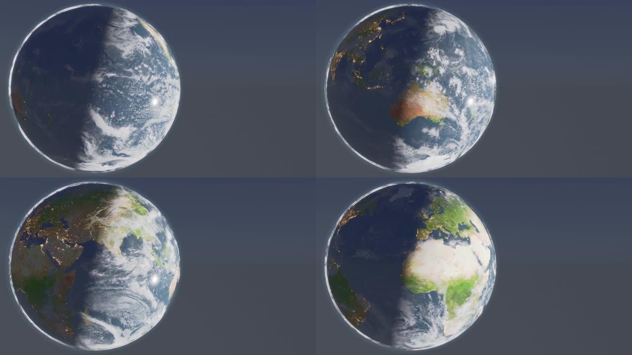 全视图高细节旋转行星地球昼夜循环动画