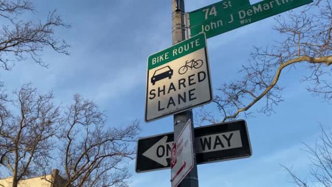 纽约市布鲁克林湾岭的自行车路线共享车道标志