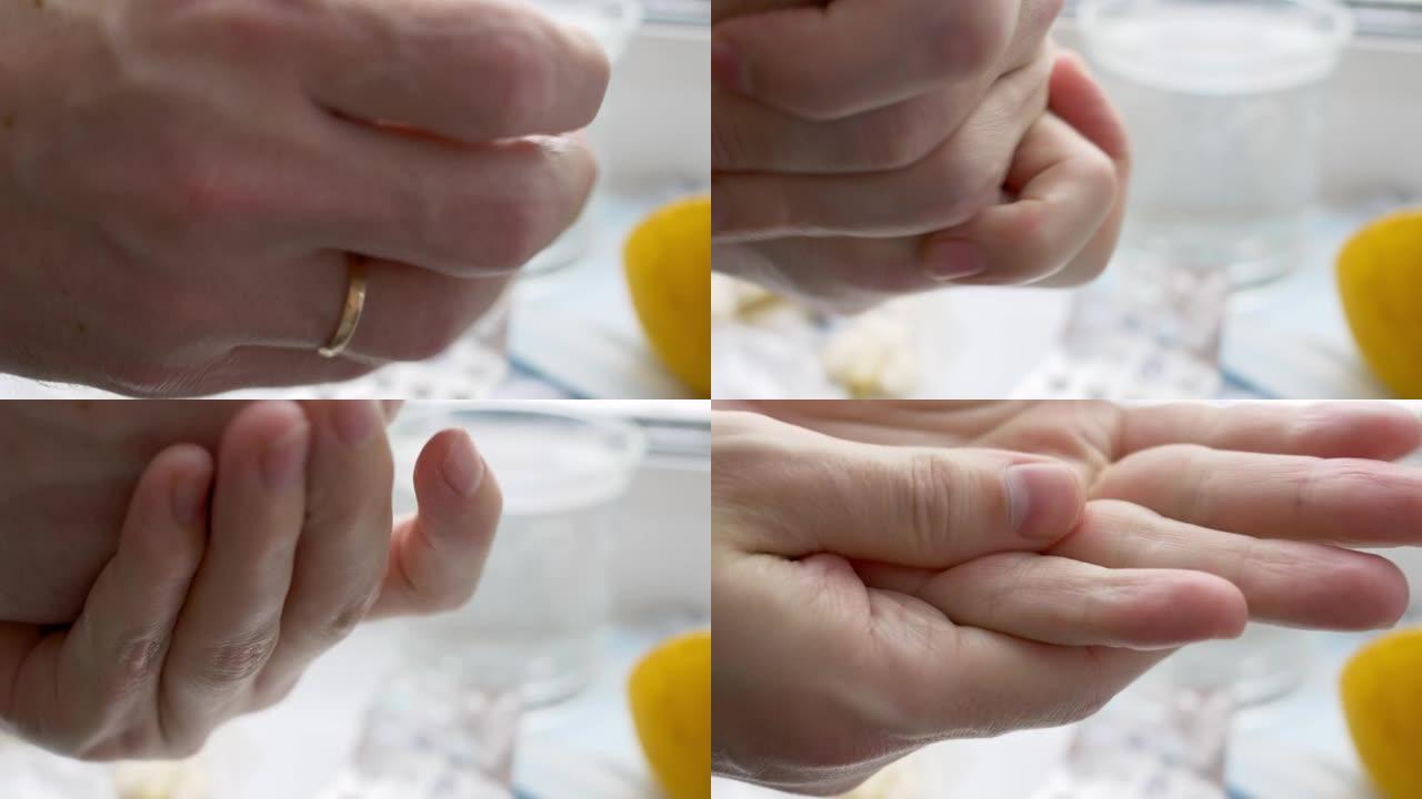 在大流行中，用洗手液清洁双手，以防止冠状病毒感染的特写镜头。用完护肤霜后搓手