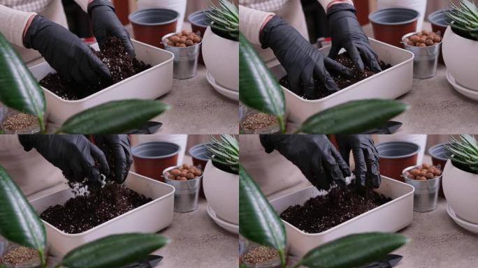 家庭园艺和植物移植-用手混合土壤基质的妇女