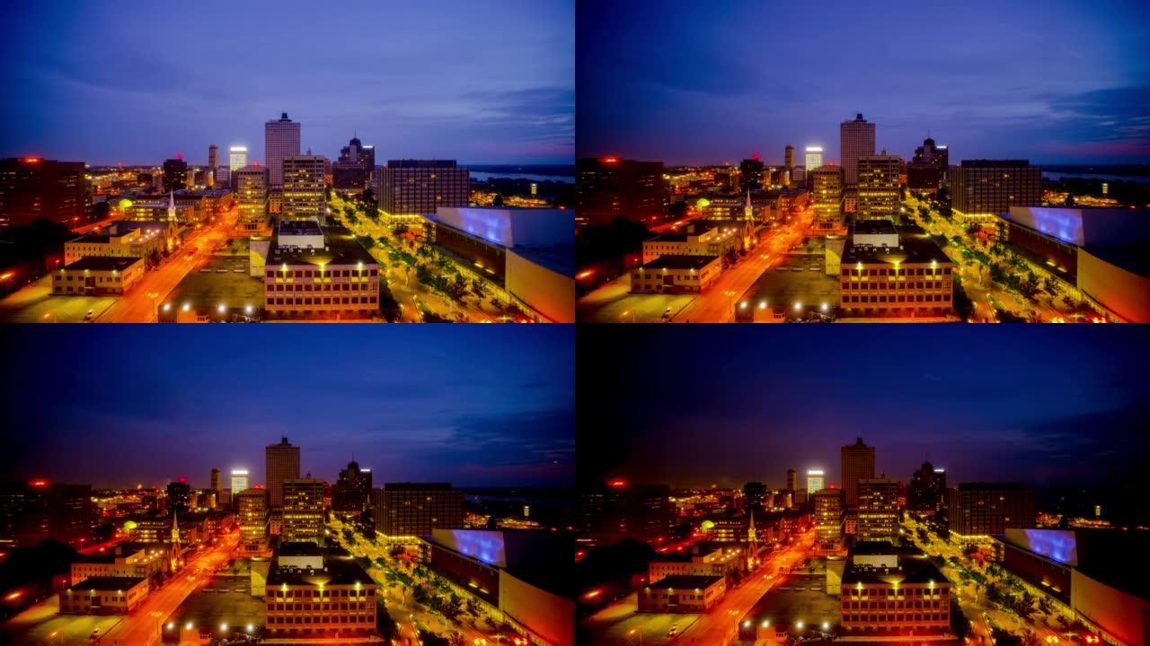 田纳西州孟菲斯市中心夜景延时大厦夜大楼灯