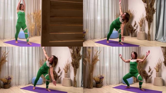 开朗的中年妇女在室内运动垫上练习瑜伽体式