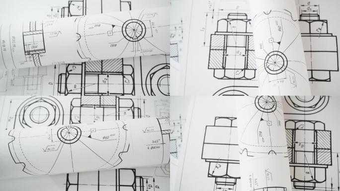 工业零件、螺栓和机构的纸质工程图纸