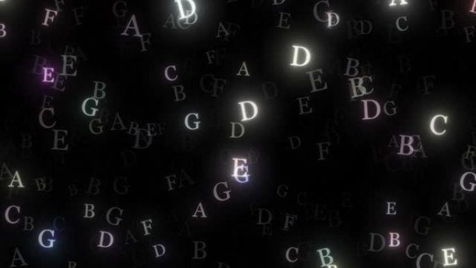 黑色背景上飞行发光字母的动画，大写字母后者漂浮在黑色背景上。字母在空中移动的循环动画，黑色板上的英文