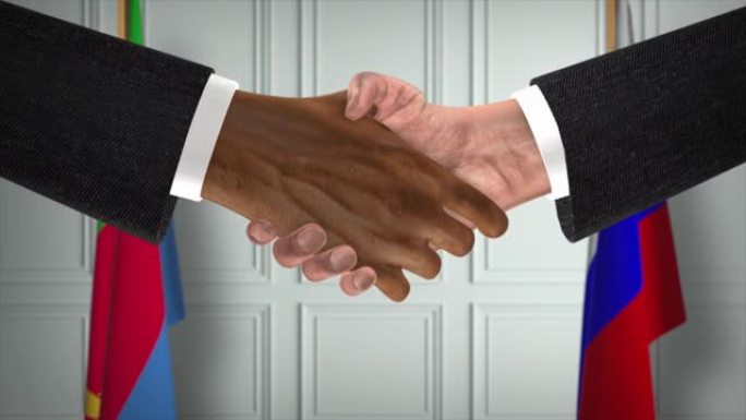 厄立特里亚与俄罗斯达成协议握手，政治说明。正式会议或合作，商务见面。商人和政客握手