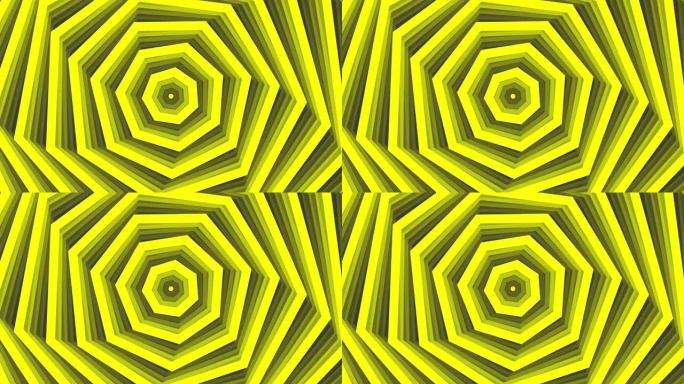 深灰色黑色背景循环上的黄色粗体自旋七边形星形简单扁平几何。星空七边形旋转无线电波无尽的创意动画。旋转