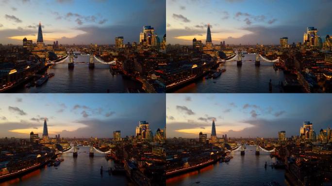 鸟瞰伦敦天际线的碎片大厦，塔桥和泰晤士河在黄昏- 4k视频