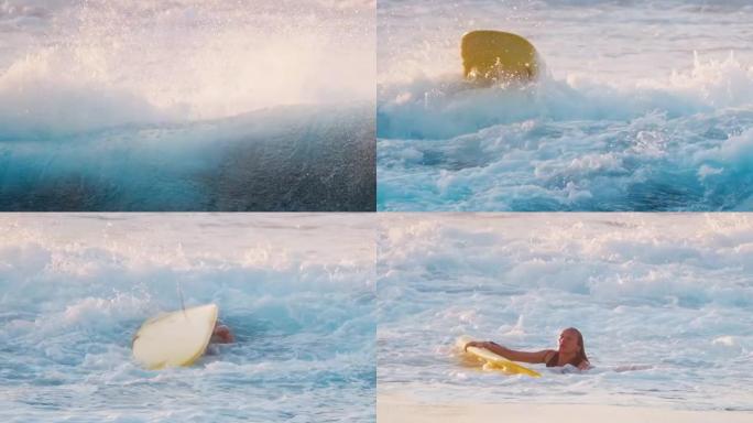 海浪喷出喷雾，露出爱斯基摩人用黄色冲浪板滚动后在水中冲浪的女人