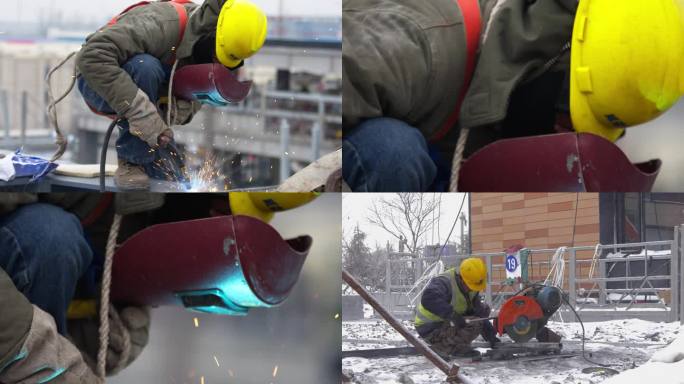 工人电焊冒雪切割