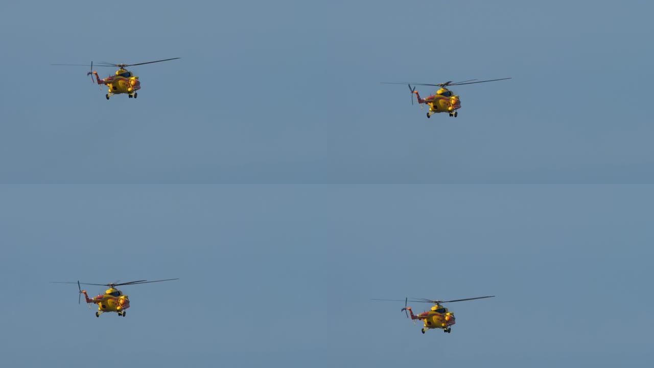 直升机在空中飞行的镜头