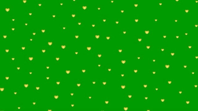 动画金色的心从上到下飞舞。循环视频。绿色背景上孤立的心雨
