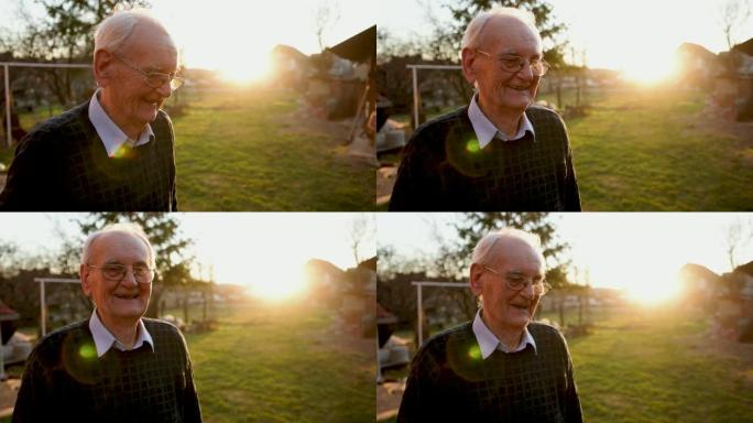 高加索老人，在大自然中，在村子里，享受日落