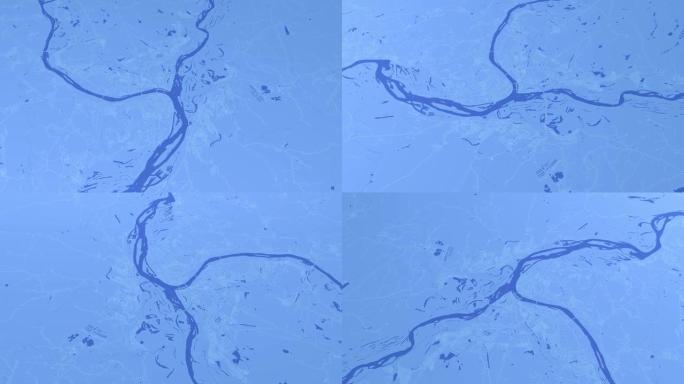 蓝色打印下诺夫哥罗德地图背景循环。在城市的镜头周围旋转。在市区背景上旋转的无缝全景。
