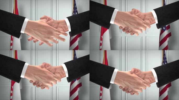 新加坡和美国合作伙伴商业协议。国家政府旗帜。官方外交握手说明动画。协议商人握手