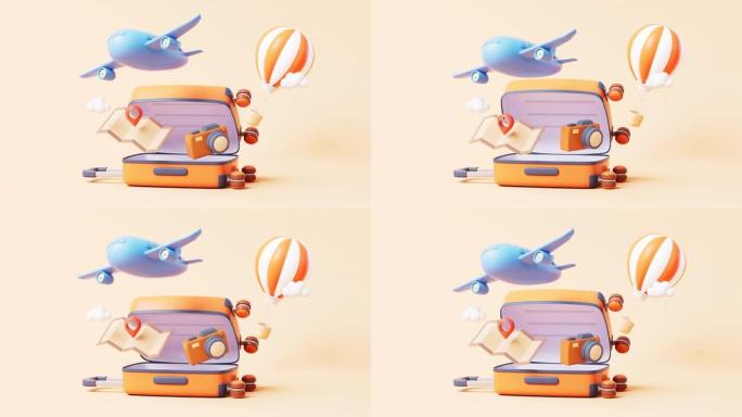 带有旅行主题的卡通风格行李箱的循环动画，3d渲染。
