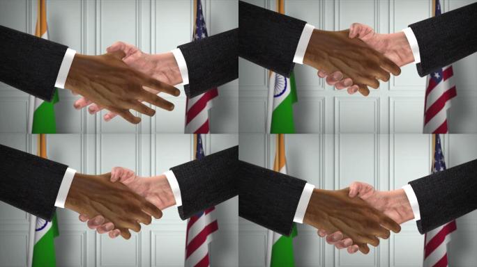 印美商业伙伴协议。国家政府旗帜。官方外交握手说明动画。协议商人握手
