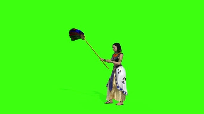3d埃及妇女挥舞扇子，绿色背景