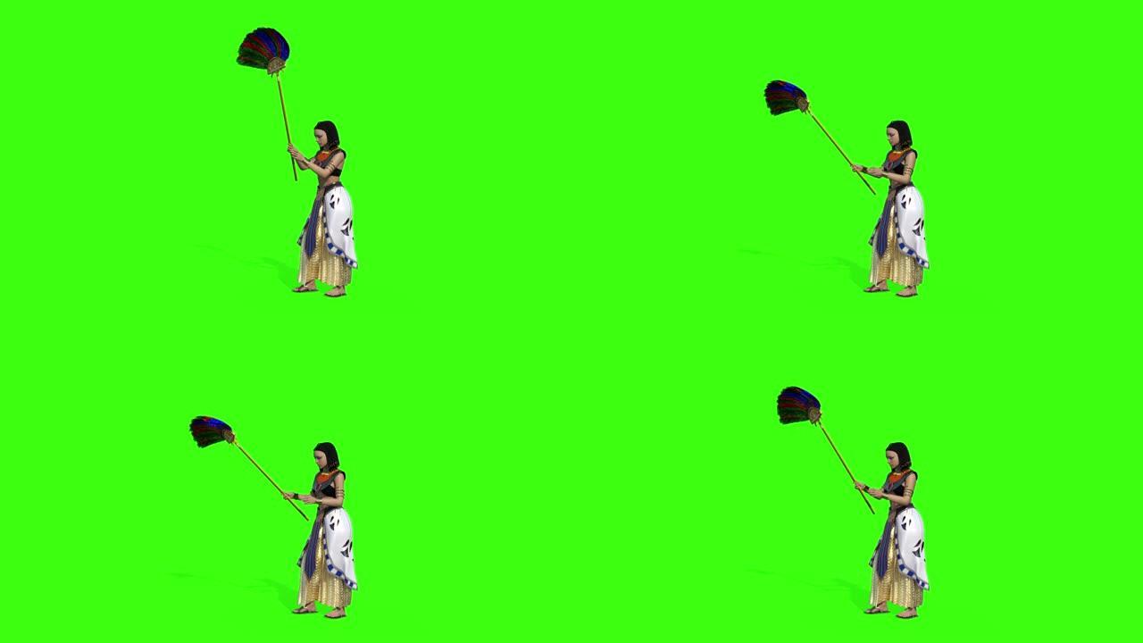 3d埃及妇女挥舞扇子，绿色背景