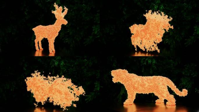 一个抽象的科幻电影场景的4k视频动画，明亮的橙色鹿被转化为老虎。动物变形运动图形的3D渲染。