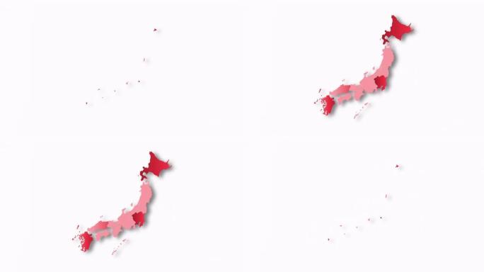 日本的政治地图以红色出现并消失在alpha通道背景上。日本地图显示了不同的分裂状态。州地图。