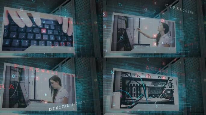 服务器机房中高加索妇女的网络攻击警告动画