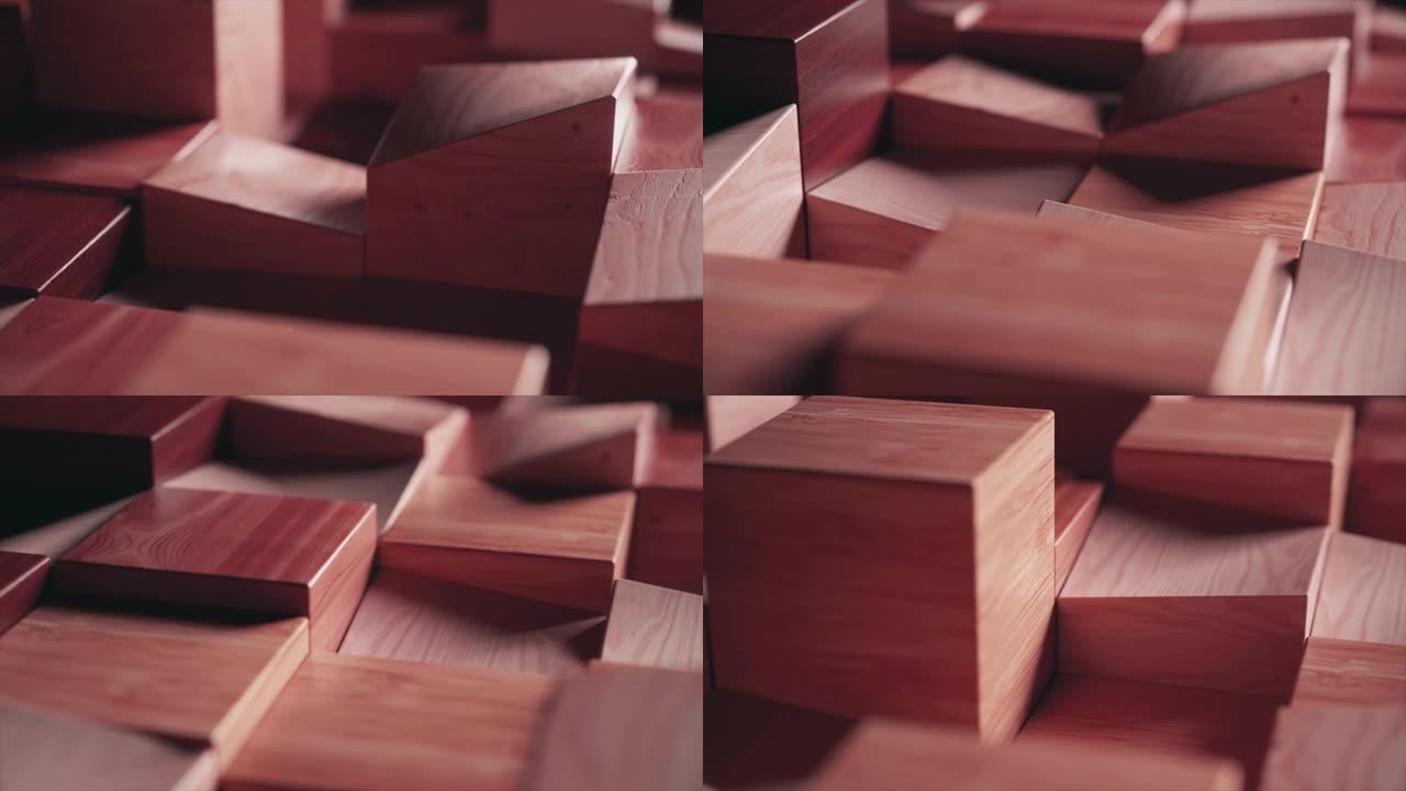 木制矩形上下移动。支柱。打磨的木块。红色。步。3d动画