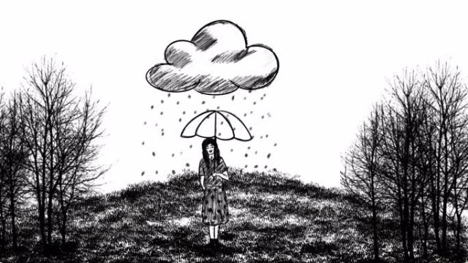 卡通女孩在雨下撑着伞站着，雨只落在她身上，黑白动画，铅笔画，炭笔画