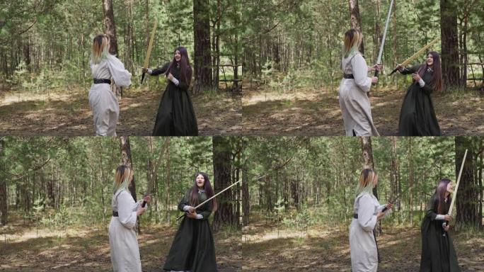 老式服装中的角色扮演者女孩在木头上的剑上战斗