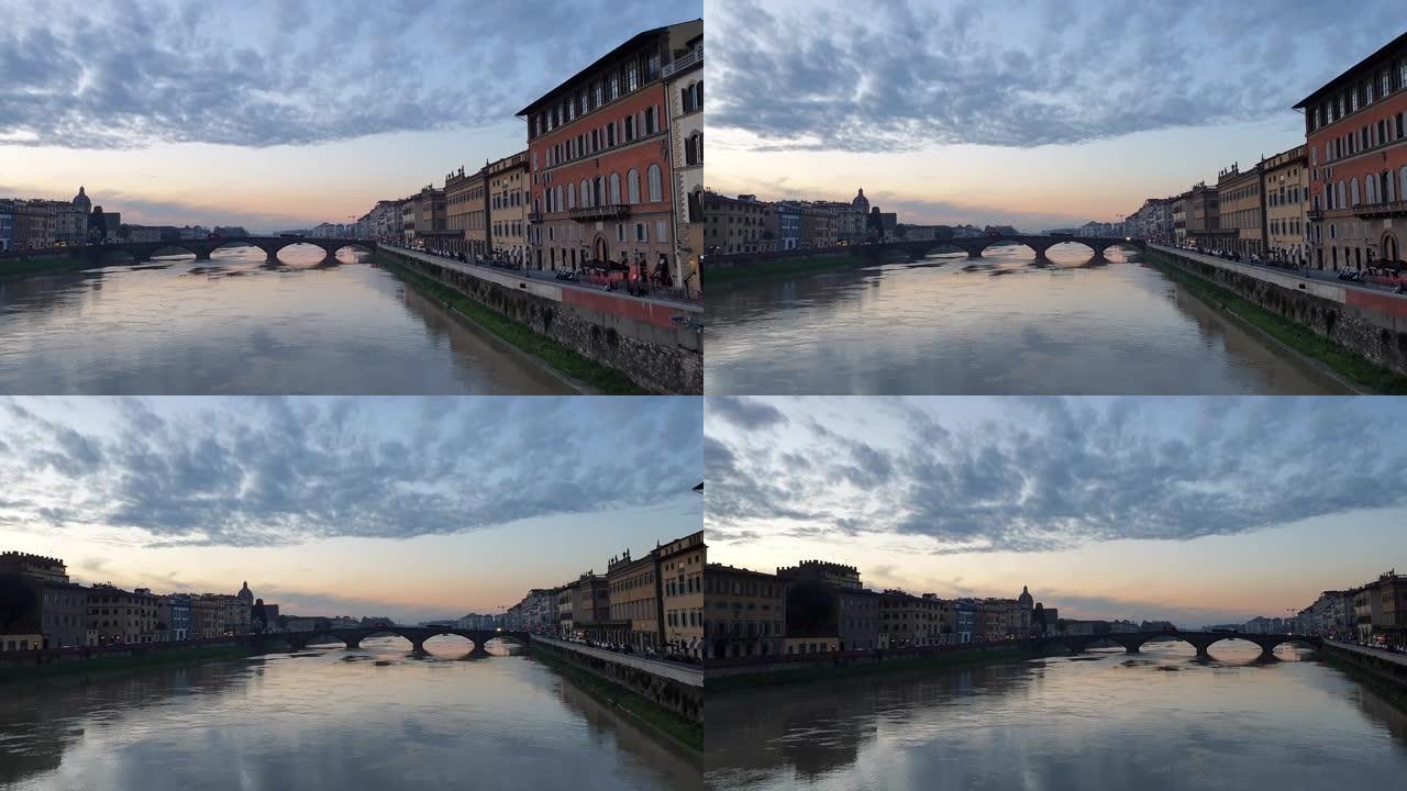 佛罗伦萨意大利日落河景。平移慢动作视频桥和全景美丽