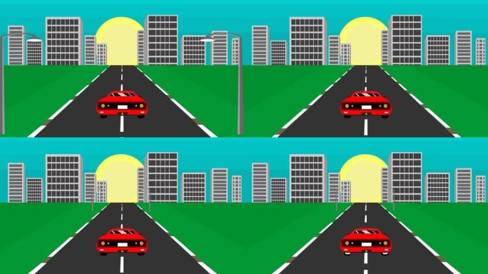 在太阳，城市，街机，像素艺术，2d中8位风格的老式赛车游戏的动画视频。