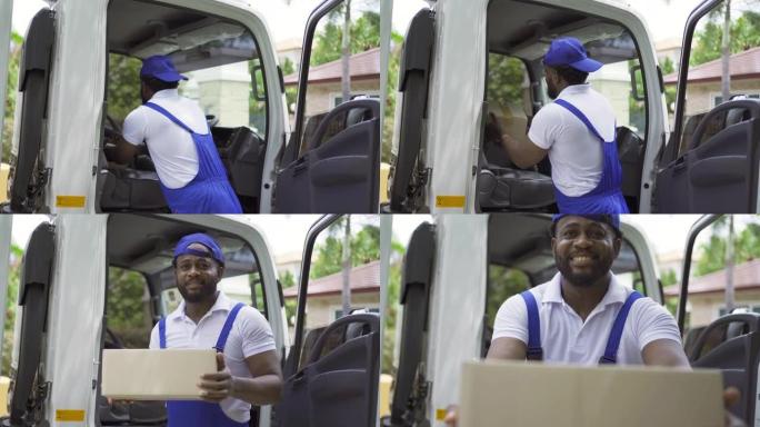 黑人雇员工人带着一辆卡车为顾客搬房子，送制服的箱子。车辆运输。航运和包装业务职业服务公司。人们的生活