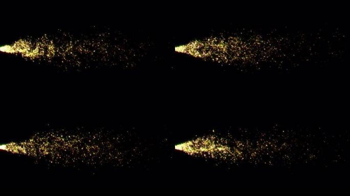 在黑色背景上，从左到右循环美丽的抽象闪光星星粒子流动火花运动。火余烬背景装饰。孤立的黑色背景。