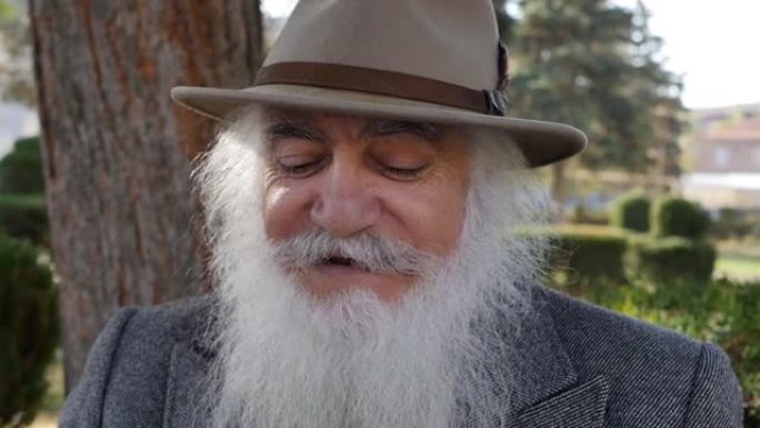 一位老人的肖像，留着蓬松的灰色胡须，戴着一顶好帽子，微笑着坐在公园的长椅上。善良可爱的祖父看起来像童