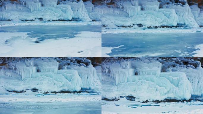 贝加尔湖，冰雪的冰冻死亡领域。一种罕见的自然现象。俄罗斯西伯利亚贝加尔湖。空中无人机射击4k
