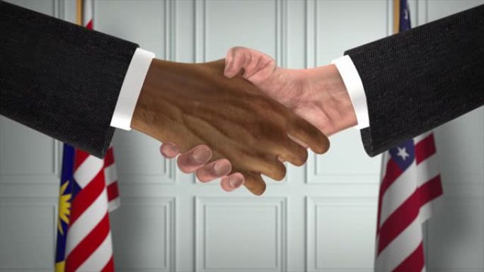 马来西亚和美国的商业伙伴关系协议。国家政府旗帜。官方外交握手说明动画。协议商人握手