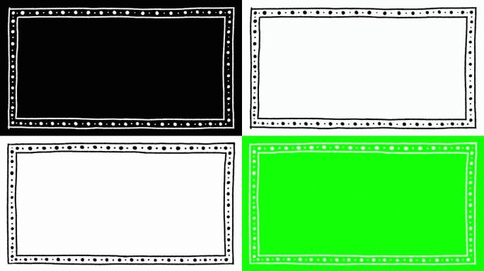 4k高清涂鸦圆点划线马戏灯矩形框架边框手绘卡通舞蹈线停止运动最小循环动画运动图形黑白绿色屏幕背景
