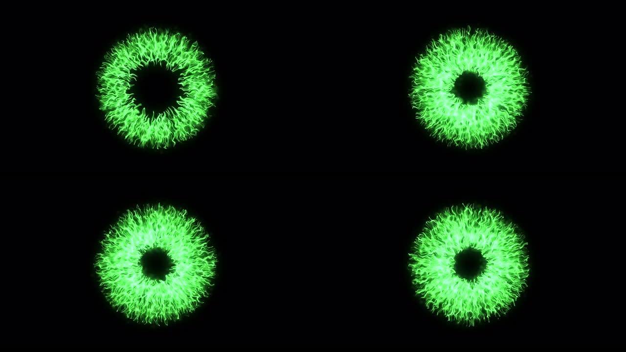 大绿圈，眼形圈粒子。流动的绿色虹膜的眼睛流动的波浪颗粒和痕迹，射线的设计。环形门户。抽象粒子背景。