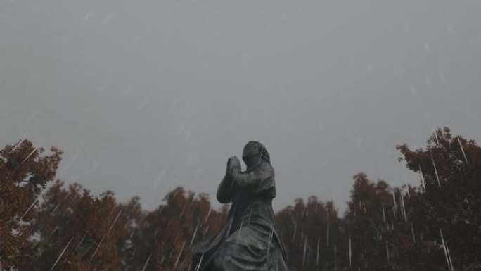 祈愿天使雕像和雨背景视频动画