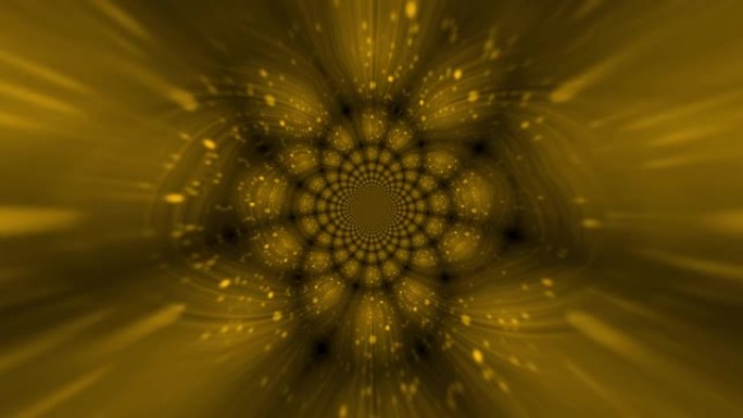 4k黄色抽象盛开的花状波浪图案。飞行散焦粒子。光学光束动画。具有万花筒形链的圆形曼陀罗。bokeh无