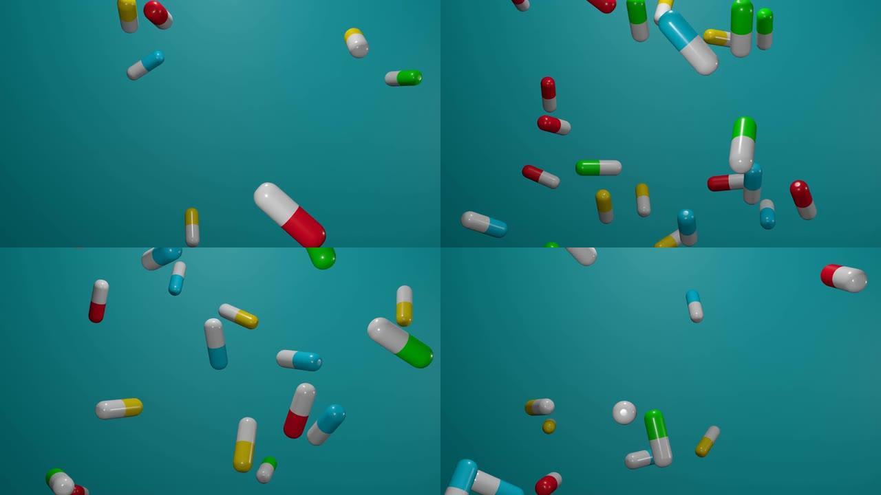 许多药丸落在蓝色背景上。
