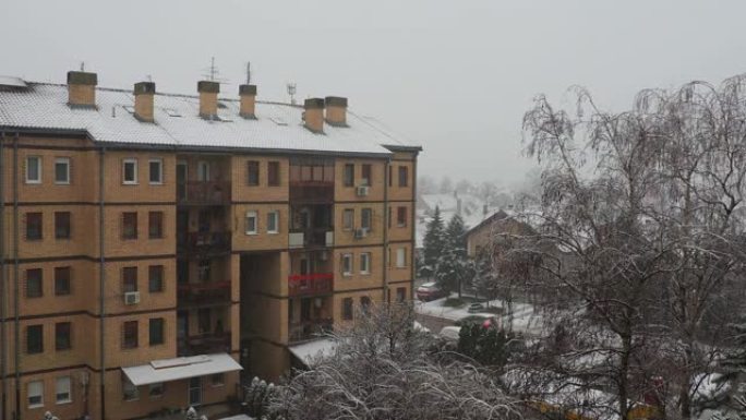 城市降雪。大片白色雪花从多云的天空落下。巴尔干半岛的天气预报。唐楼和树木被雪覆盖。