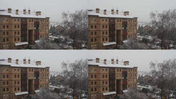 城市降雪。大片白色雪花从多云的天空落下。巴尔干半岛的天气预报。唐楼和树木被雪覆盖。