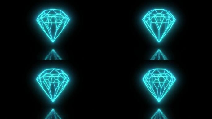 发光霓虹灯的抽象几何珠宝形状。霓虹灯发光钻石。珠宝石线框透视。未来派数字3d无缝循环旋转。发光的蓝色